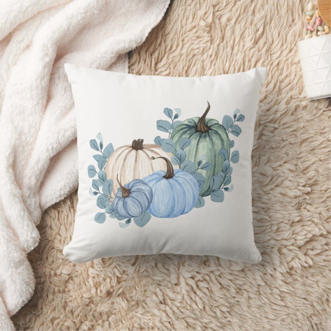 Rustic Blue Pumpkins Autumn Fall Throw Pillow (Blanket)