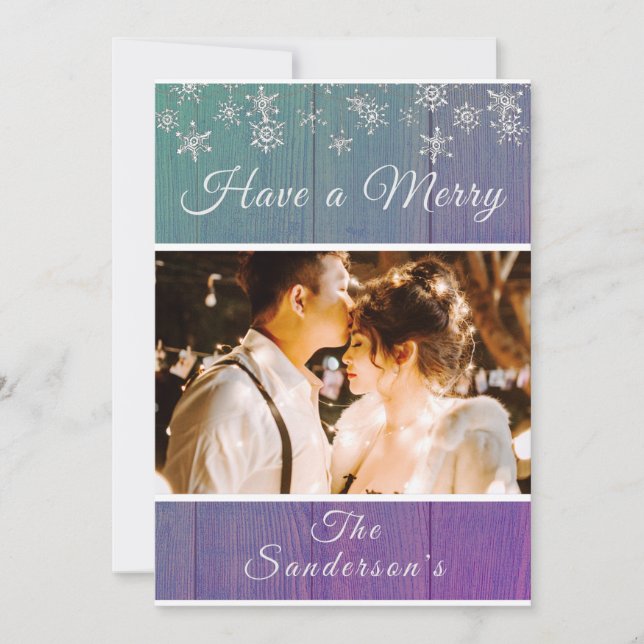 Rustic Blue Purple White Christmas photo card (Front)