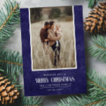 Rustic Blue Purple Winter Christmas Single Photo Holiday Card<br><div class="desc">This simple and rustic holiday design features your best portrait photo over a rustic paper texture in blue purple color and the word "Merry Christmas" in vintage script text . Perfect for farmhouse style greeting cards. Easily add your best photo, your family names and year using the template. Add a...</div>
