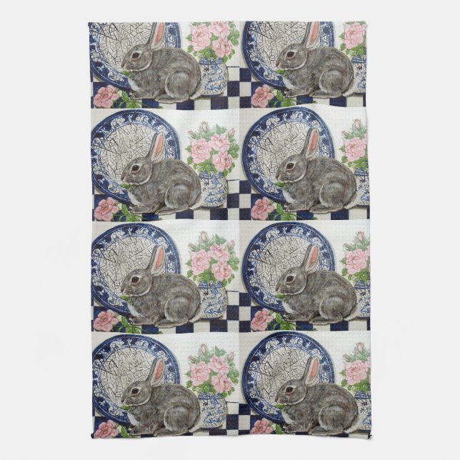 Rustic Blue Rabbit Bunny Dedham Country Farmhouse Kitchen Towel (Vertical)