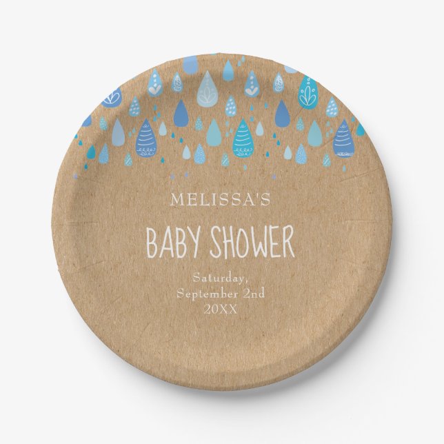 Rustic Blue Raindrops Baby Boy Shower / Sprinkle Paper Plates (Front)
