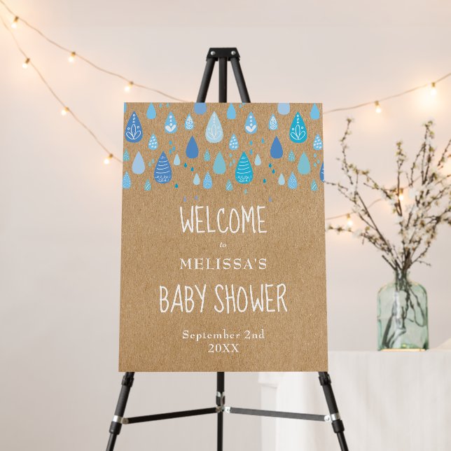 Rustic Blue Raindrops Baby Shower Welcome Sign (In Situ (Stand))