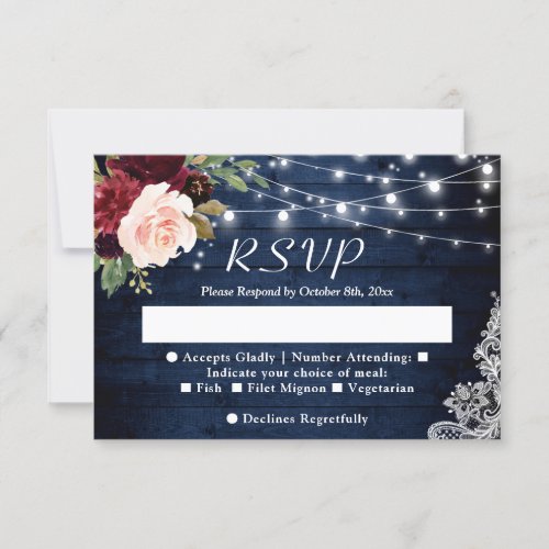 Rustic Blue Red Blush Floral String Lights Wedding RSVP Card - Customize this beautiful "Rustic Blue Red Blush Floral String Lights Wedding RSVP Card" to perfectly match your invitations. With this particular design, your guests can let you know if they can make it and what their meal preferences are. For further customization, please click the "customize further" link and use our design tool to modify this template. If you need help or matching items, please contact me.