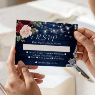 Rustic Blue Red Blush Floral String Lights Wedding RSVP Card