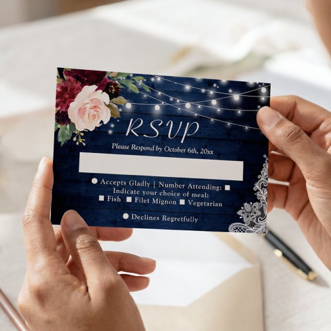 Rustic Blue Red Blush Floral String Lights Wedding RSVP Card (Creator Uploaded)
