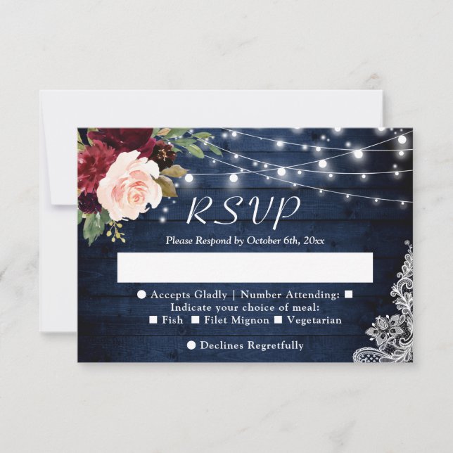 Rustic Blue Red Blush Floral String Lights Wedding RSVP Card (Front)