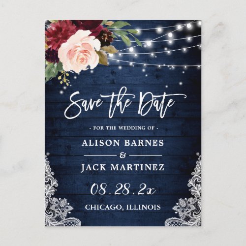 Rustic Blue Red Blush Floral Wedding Save the Date Postcard - Rustic Blue Red Blush Floral String Lights Wedding Save the Date Postcard