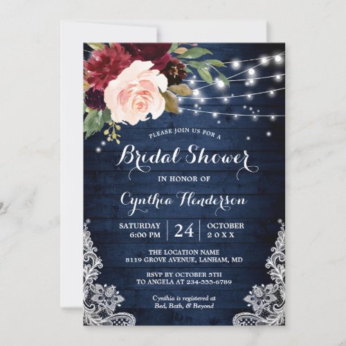 Rustic Blue Red Floral Lights Lace Bridal Shower Invitation - Celebrate the bride-to-be with this Beautiful Rustic Bridal Shower Invitation that features Burgundy Blush Flowers with String Lights and Lace Decor on the corner. It's easy to customize this design to be uniquely yours. For further customization, please click on the "customize further" link and use our design tool to modify this template. If you need help or matching items, please contact me.