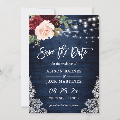 Rustic Blue Red Floral String Lights Wedding Save The Date - Rustic Country Navy Wood Twinkle Lights Wedding Photo Save the Date Card. For further customization, please click the "customize further" link and use our design tool to modify this template.
