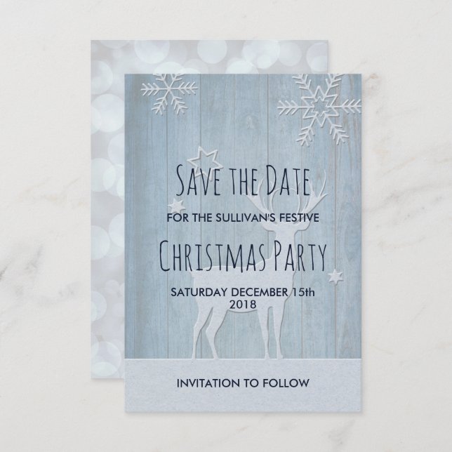 Rustic Blue Reindeer Christmas Save The Date Invitation (Front/Back)