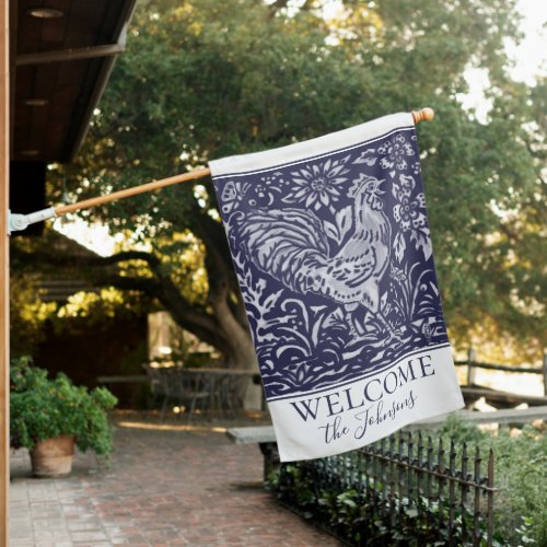 Rustic Blue Rooster Personalized Farmhouse Welcome House Flag