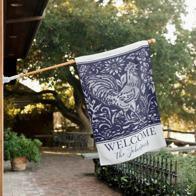 Rustic Blue Rooster Personalized Farmhouse Welcome House Flag (In SItu)