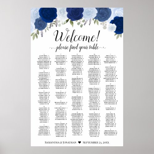 Rustic Blue Roses Alphabetical Seating Chart