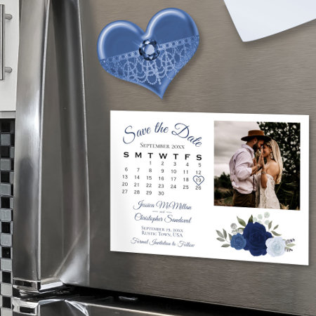 Rustic Blue Roses Calendar & Photo Save The Date Magnetic Invitati