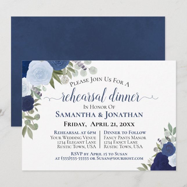 Rustic Blue Roses Floral Wedding Rehearsal Dinner Invitation (Front/Back)