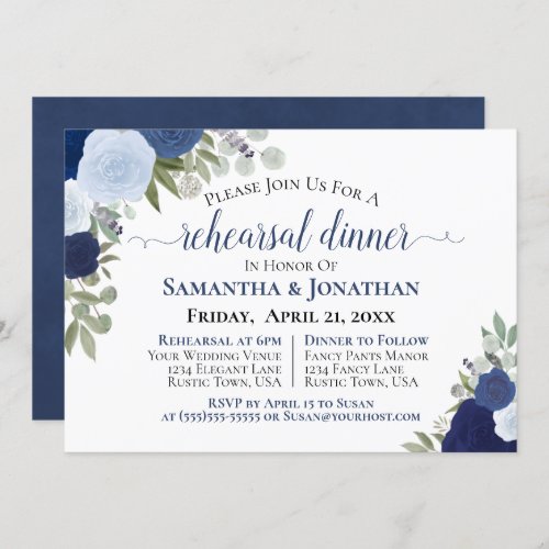 Rustic Blue Roses Floral Wedding Rehearsal Dinner Invitation