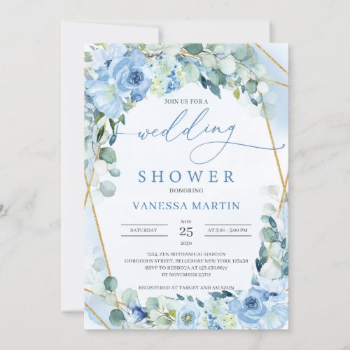 Rustic Blue Roses Gold Geometric Wedding Shower Invitation