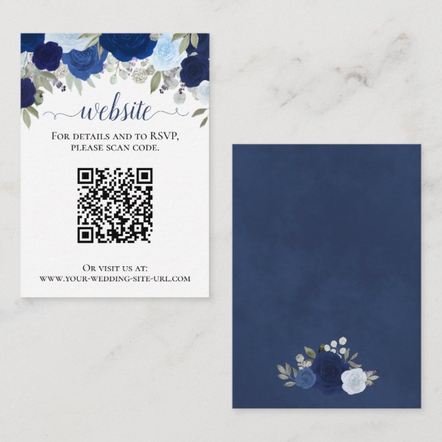 Rustic Blue Roses Wedding Website QR Code Enclosure Card (Front/Back)