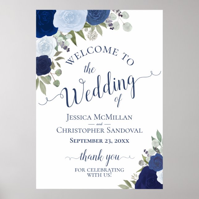 Rustic Blue Roses Wedding Welcome A1 Size Poster (Front)