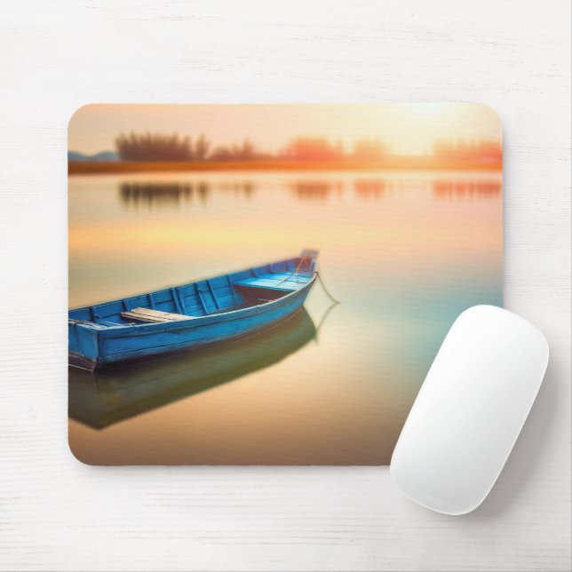 Rustic Blue Rowboat On Calm Lake Mouse Pad (With Mouse)