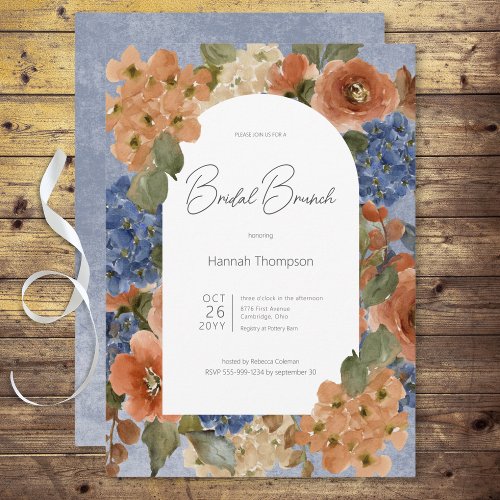 Rustic Blue  Rust Floral Bridal Brunch Invitation