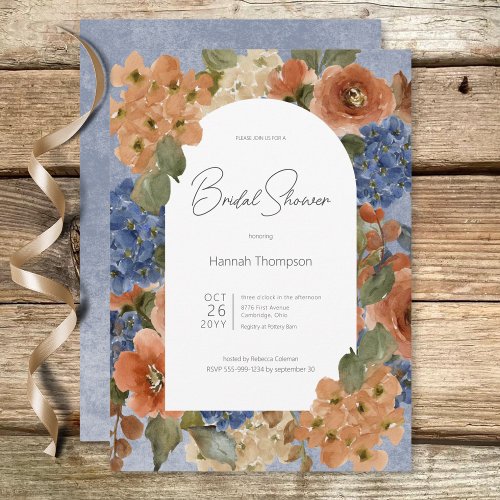 Rustic Blue  Rust Floral Bridal Shower Invitation