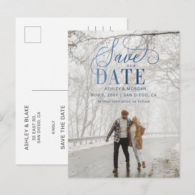 Rustic Blue Script Photo Save the Date Announcement Postcard (Front/Back)
