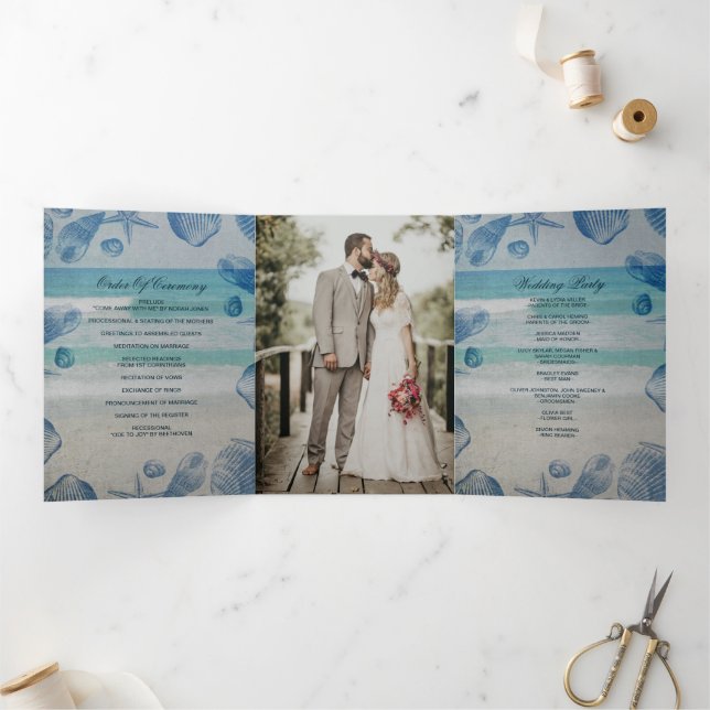 Rustic Blue Seashells Beach Wedding Photo  Tri-Fold Program (Inside)