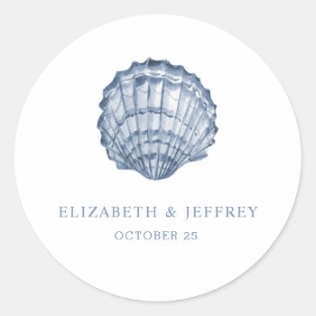 Rustic Blue Seashells Marine Ocean Beach Wedding  Classic Round Sticker by blessedwedding at Zazzle