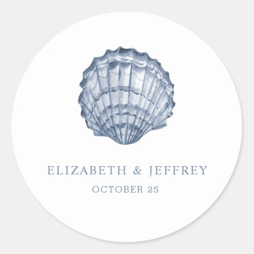 Rustic Blue Seashells Marine Ocean Beach Wedding  Classic Round Sticker