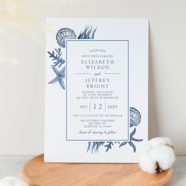 Rustic Blue Seashells Marine Ocean Beach Wedding Invitation