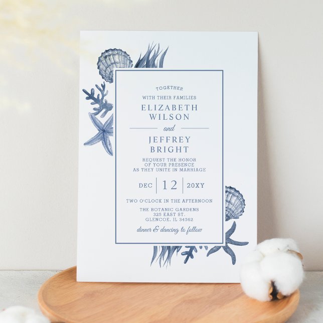 Rustic Blue Seashells Marine Ocean Beach Wedding Invitation (Creator Uploaded)