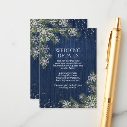 Rustic Blue Silver Winter Wood Details Enclosure Card - Create the perfect wedding invitation suite by including this sweet rustic winter wonderland design details enclosure card, with navy blue wood, watercolor pine greenery, and silver glitter snowflakes, accented by string lights. The back of the card allows for more information as well. Contact designer for matching products. Copyright Elegant Invites, all rights reserved.