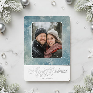 Rustic Blue Snow Photo Winter Christmas Foil Holiday Card