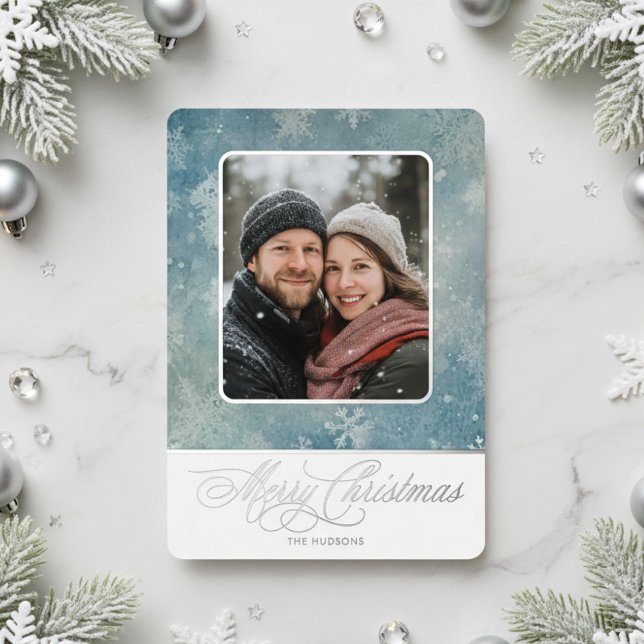 Rustic Blue Snow Photo Winter Christmas Foil Holiday Card (Creator Uploaded)