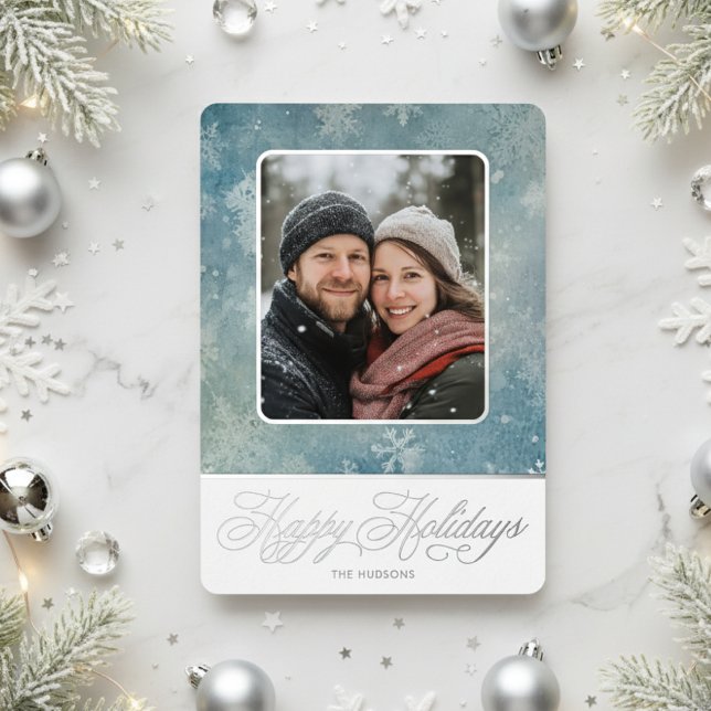 Rustic Blue Snow Photo Winter Holidays Foil Holiday Card (Creator Uploaded)