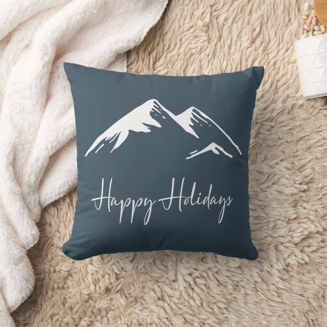 Rustic Blue Snowy Mountain Happy Holidays Throw Pillow (Blanket)