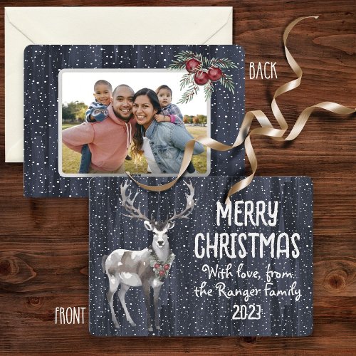 Rustic Blue Snowy Reindeer Christmas family photo Holiday Card