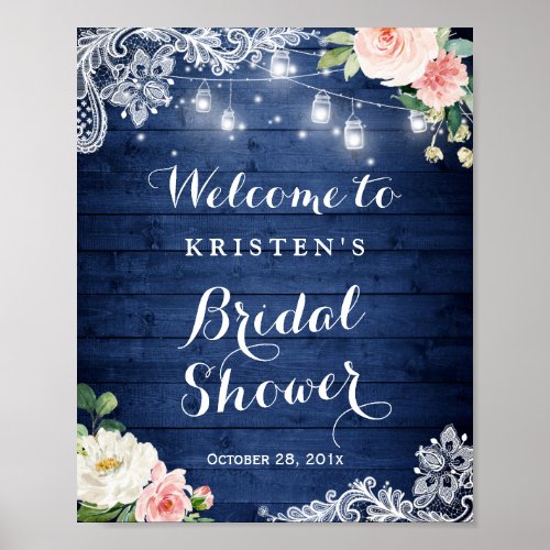 Rustic Blue String Light Floral Bridal Shower Sign