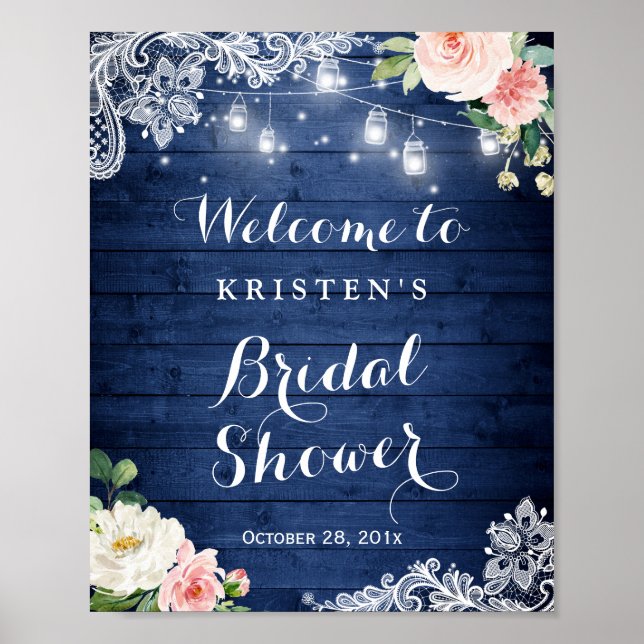 Rustic Blue String Light Floral Bridal Shower Sign (Front)