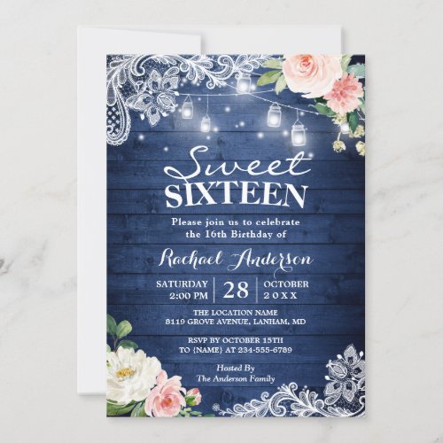 Rustic Blue String Lights Floral Sweet 16 Birthday Invitation - Rustic Blue String Lights Floral Sweet 16 Birthday Party Invitation. 
(1) For further customization, please click the "customize further" link and use our design tool to modify this template. 
(2) If you prefer thicker papers / Matte Finish, you may consider to choose the Matte Paper Type. 
(3) If you need help or matching items, please contact me.
