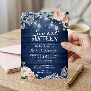 Rustic Blue String Lights Floral Sweet 16 Birthday Invitation