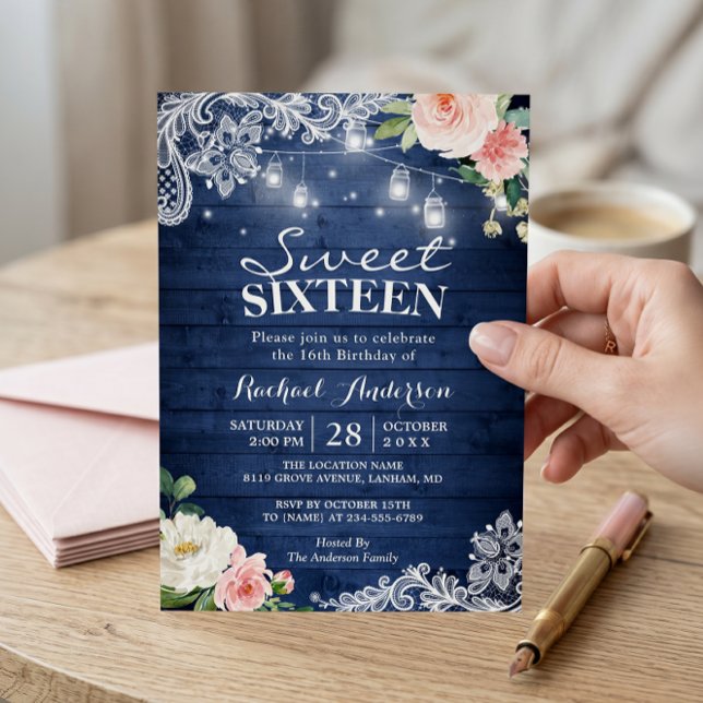 Rustic Blue String Lights Floral Sweet 16 Birthday Invitation (Creator Uploaded)