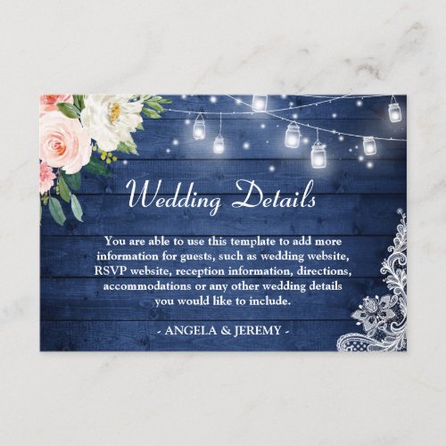Rustic Blue String Lights Floral Wedding Details Enclosure Card - Customize this "Rustic Blue Wood String Lights Floral Wedding Details Card" to perfectly match your invitations. You are able to add more info on the back of the card. For further customization, please click the "customize further" link and use our design tool to modify this template. If you need help or matching items, please contact me.