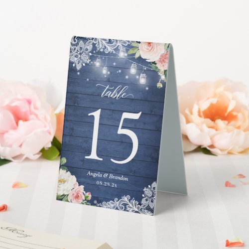 Rustic Blue String Lights Lace Floral Table Number Table Tent Sign