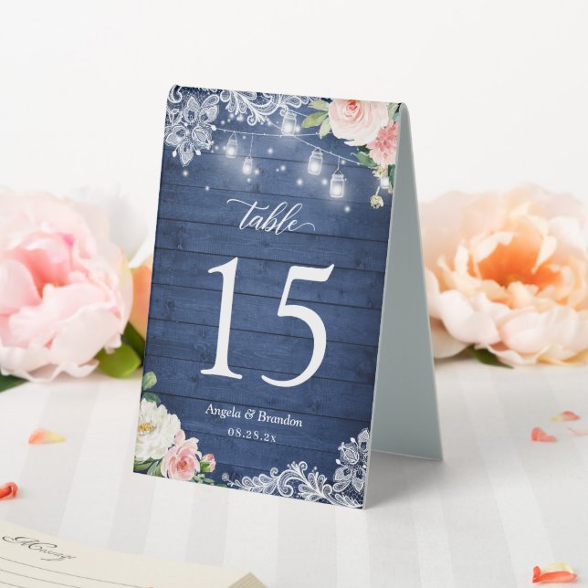 Rustic Blue String Lights Lace Floral Table Number Tent (In SItu (Wedding))