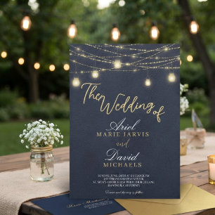 Rustic Blue String Lights Romantic Wedding Invitation