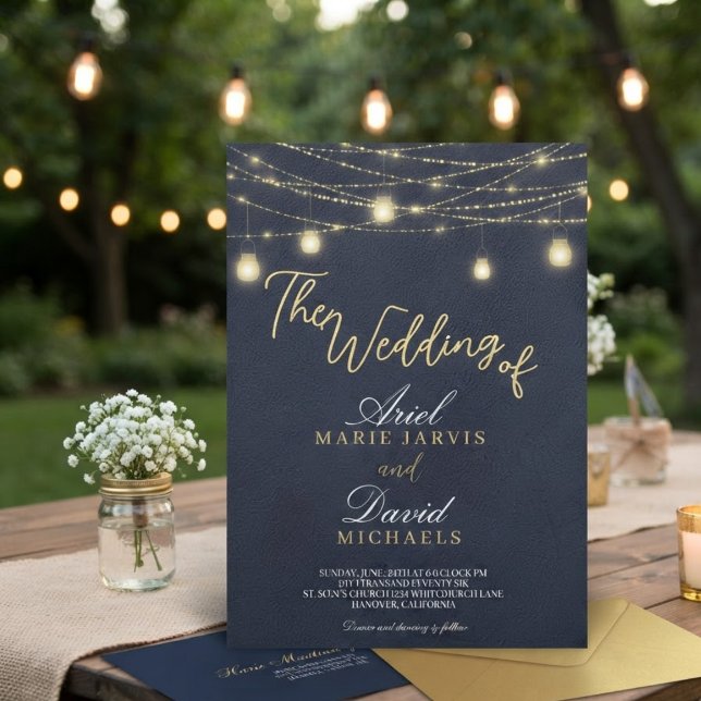 Rustic Blue String Lights Romantic Wedding Invitation (Creator Uploaded)