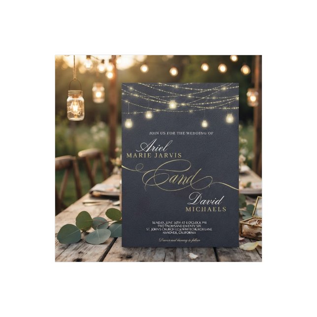 Rustic Blue String Lights Romantic Wedding Invitation (Creator Uploaded)