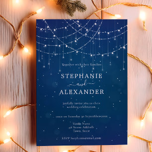 Rustic Blue String Lights Wedding Invitation
